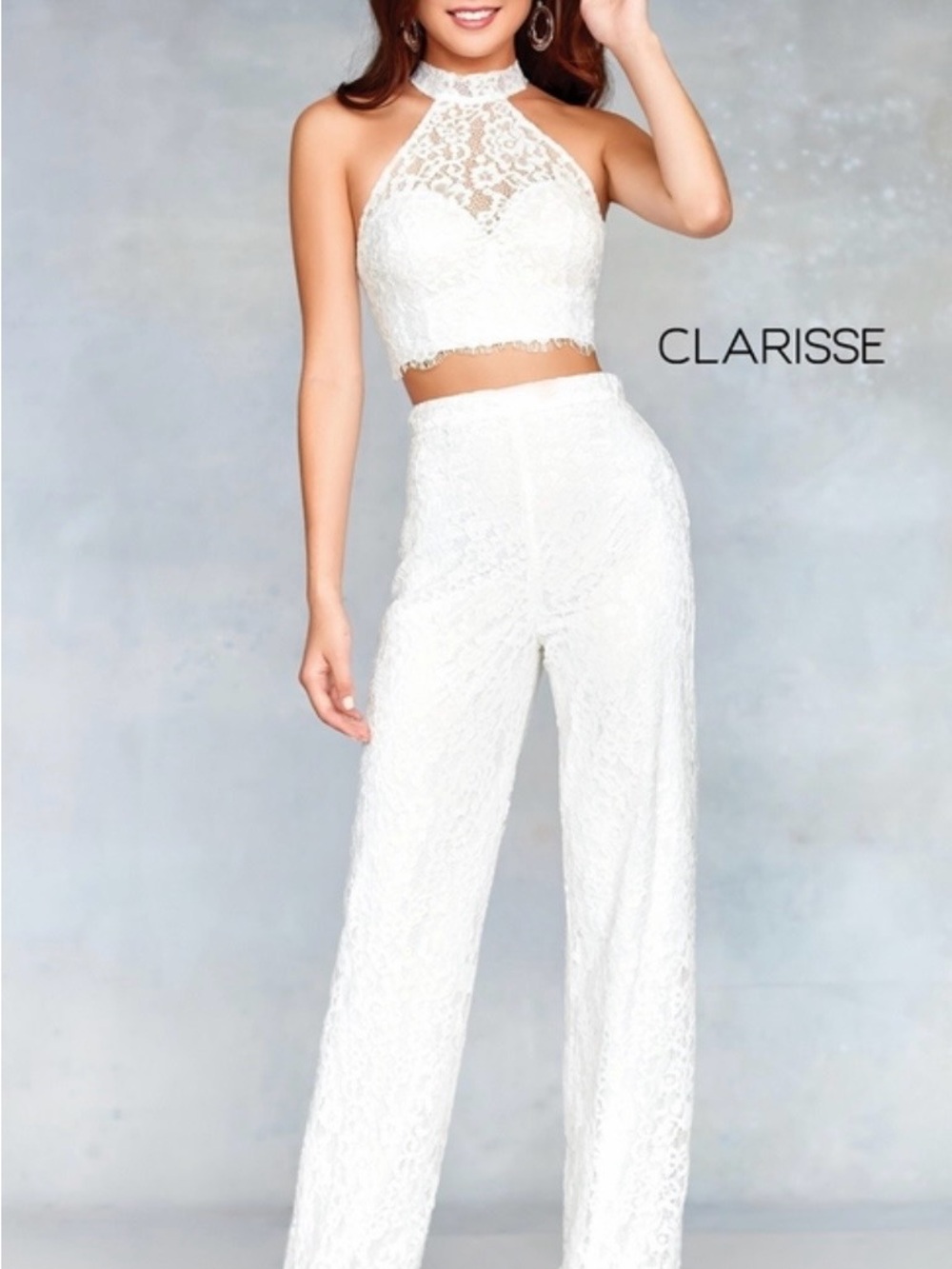 Clarisse White Lace Halter Crop Top with Wide-Leg Jumpsuit